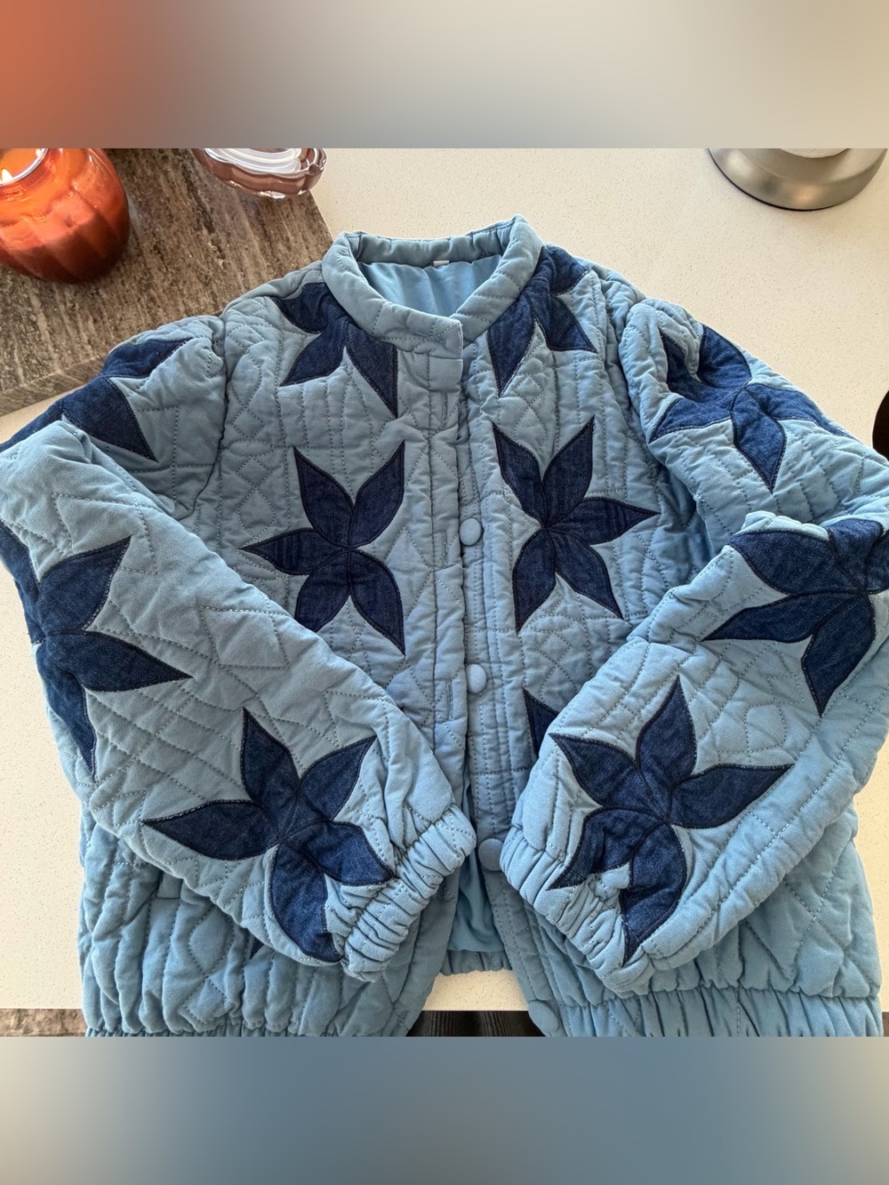 Light Blue Quilted Floral Appliqué Jacket